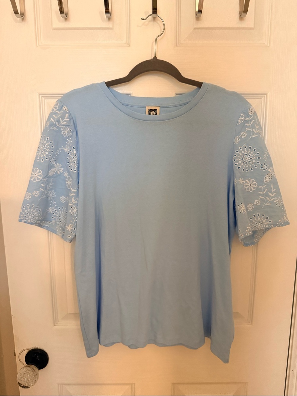 Anne Klein Light Blue Tee with White Eyelet Short Sleeves